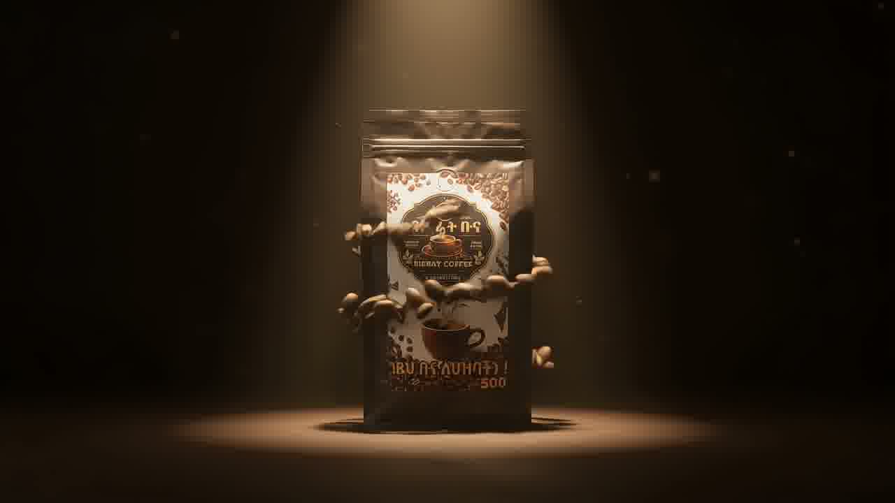 The Bisrat coffee bag lit by a single spotlight