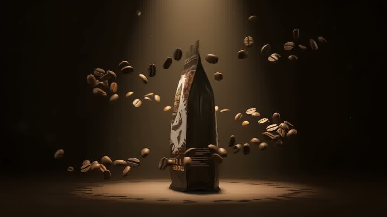 Roasted coffee beans floating around the bag