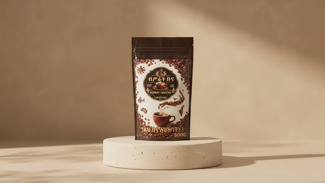 The Bisrat coffee bag on a stone plinth